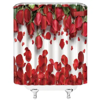 

Rose Flower Decor Shower Curtain Set Red Petal Green Leaves Plant Romance Romantic Love Bathroom Curtain Polyester Fabric