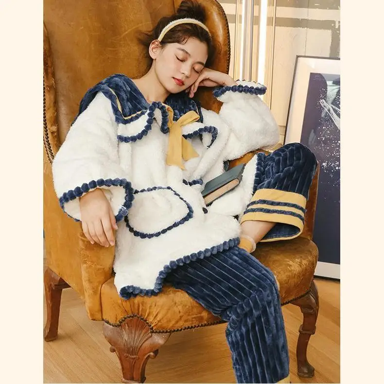 

Fashion Pajama Suit Female Winter Thick Flannel Cute Warm Pajama Set Long Sleeve Full Trousers Two Piece 2020 Sleepwear