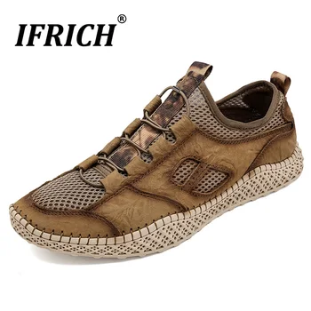 

Genuine Leather Mesh Hiking Shoes Man Summer Quick Dry Mountain Climbing Boots Mens Slip on Trekking Sneakers Light Sport Shoes
