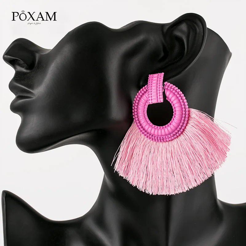 POXAM, модные серьги с большими кисточками для женщин, красные, синие, желтые шелковые ткани, длинные висячие серьги с бахромой, Boho, свадебные массивные украшения - Окраска металла: Type 27