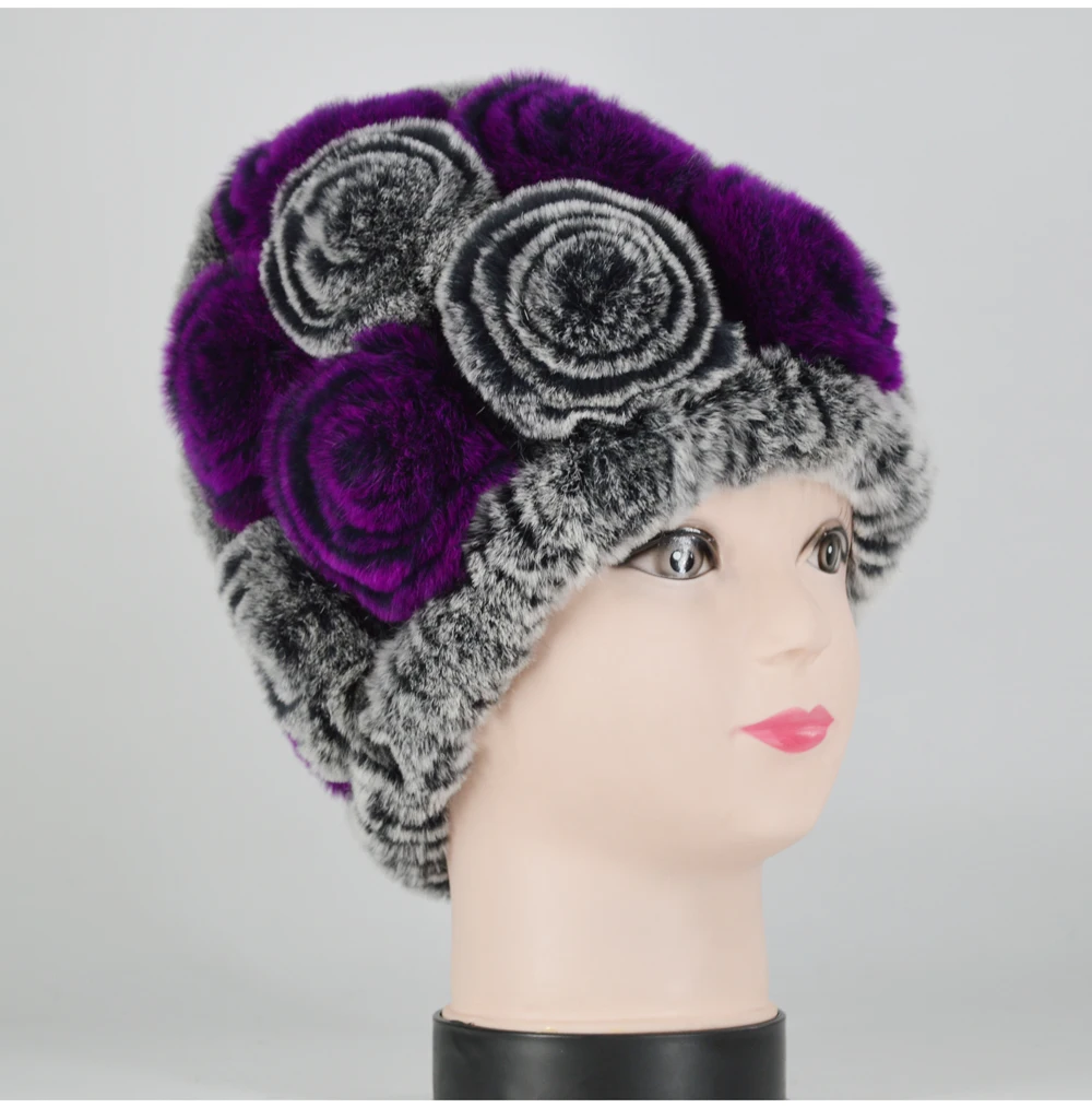 Winter Rex Rabbit Fur Hat Women Knitted Natural Rex Rabbit Fur Flowers Beanies Hats Warm Soft Real Rex Rabbit Fur Caps