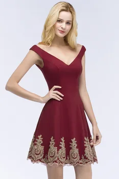 

BGW HT32530 Sexy V Neck A Line Appliqued Satin Cocktail Dresses Sleeveless Backless Wine Red Robe Coktail Mi Longue 2020