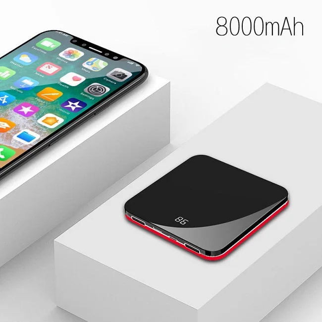

Mini Power Bank LCD Mirror Screen 8000Mah Ultra-Thin Built-in 3In1 Cable Wireless Charger Portable External Battery