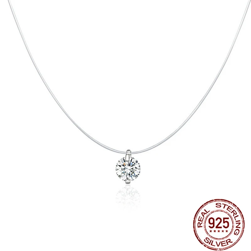 

100% 925 Sterling Silver Invisible chain Clavicle Choker Necklaces for women,Rhinestone Transparent Fishing Line Collier Femme