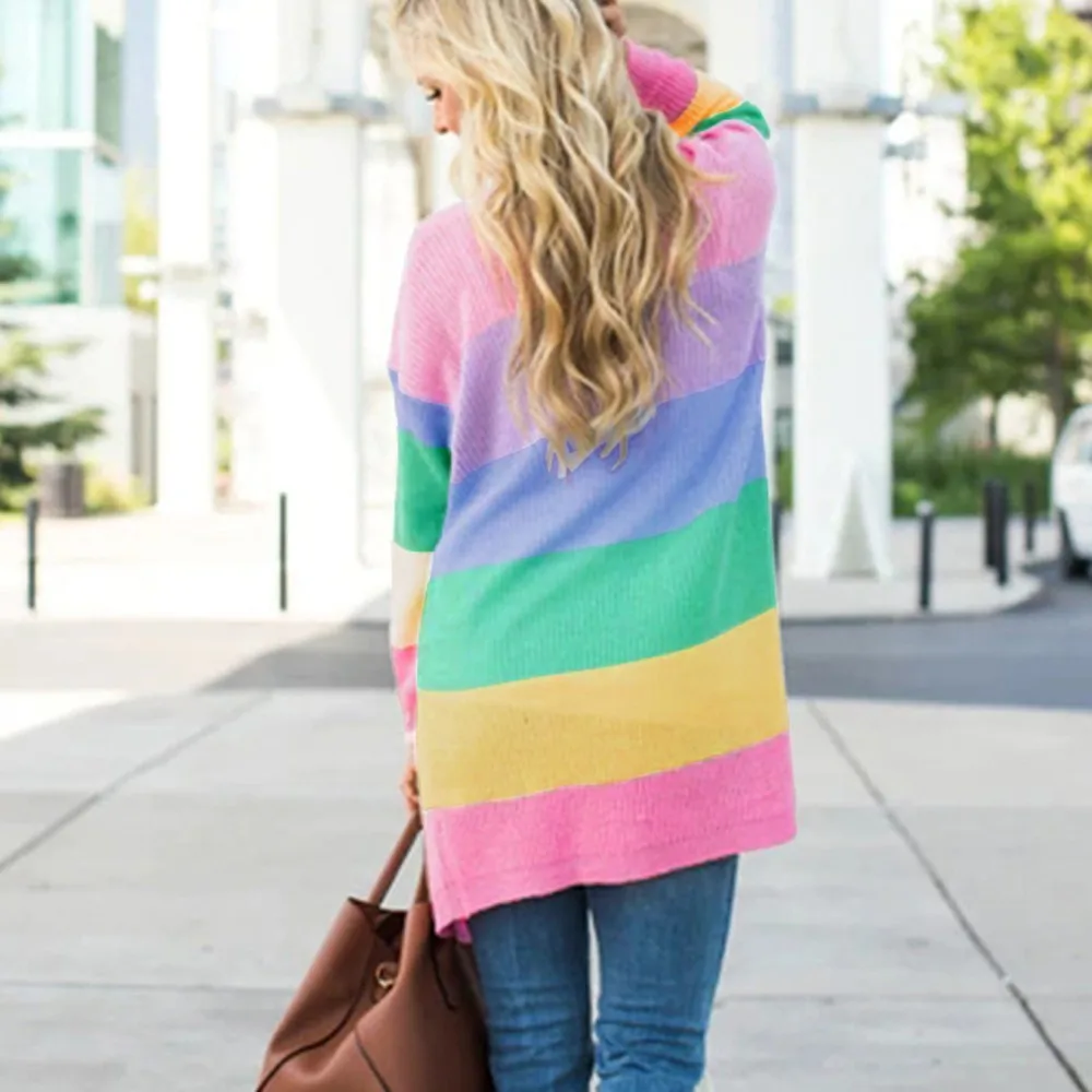 Cardigan Women Plus Size Womens Patchwork Long Sleeve Rainbow Stripe Cardigan Tops Sweater Coat Sueter Mujer Invierno