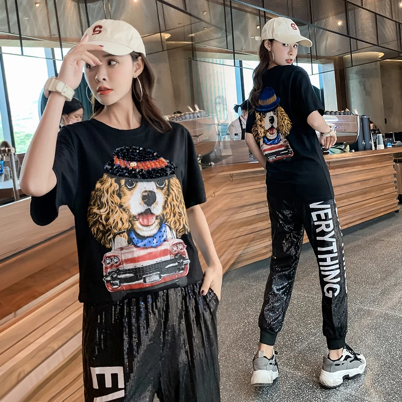 

2020 Autumn New before Puppy Cartoon Print Hand-Made Beaded Short Sleeve Bottom T-shirt Women's