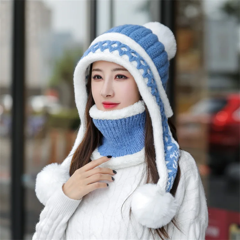 2021 Woolen Hat Women Winter Ear Protection Knitted Hat Bib Two-piece Plus Velvet Warm and Windproof Cycling Hat 