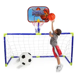 Equipo de juguete 2 en 1 para exteriores para niños, portería de fútbol, soportes de baloncesto, juguetes deportivos para niños