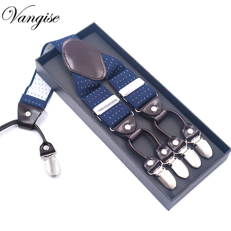 

Suspenders Men Adjustable Elastic X Back Pants men Suspender for Trousers 6 Clips on NAVY BLUE