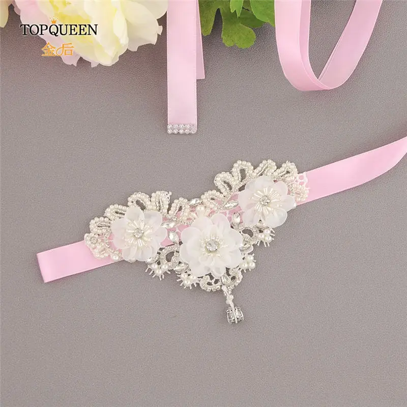 pink TOPQUEEN S354 свадебные цветочные повязки для вечерних платьев пояс с бахромой женские свадебные Ремни цветы с жемчугом бисером цветок створки - Цвет: pink