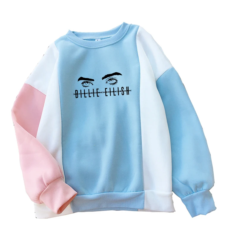 Women Billie Eilish's Eys Printed Hoodies Streetwear Casual Funny Fleece Warm Spell Color Patchwork O-neck Pullovers Sweatshirts