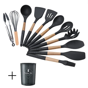 

9-12PCS Kitchen High Temperature Resistance Silicone Cookware Set with Storage Box Pliers Spatula Cookware Black