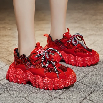 

2020 New Glitter Red Platform Sneakers Female Sneakers Women Shoes Chunky Sneakers Lace Up Designer Dad Sneakers Basket Femme