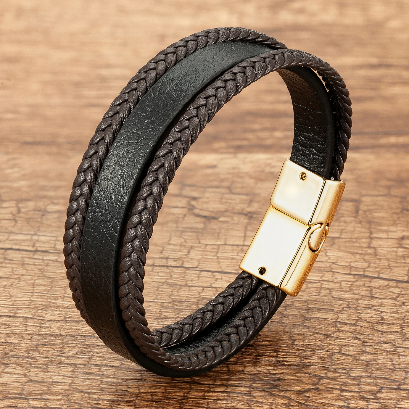Trendy Weave Genuine Leather Men Bracelet Black/gold/white Magnetic Clasp Multi Layer Braid Rope Chain Classic Men's Jewelry - Image 2