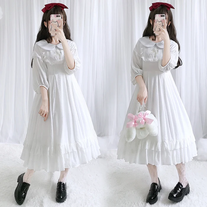 Элегантный Mori Girl; Винтажный стиль Вышивка Питер Пэн воротник цельное платье Летнее японское Kawaii Лолита студенческое платье для женщин