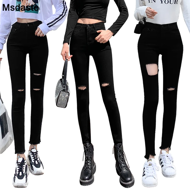 Jeans Black Hole Pants Women  Jeans Women Black Woman Skinny - Jeans Pants  Women - Aliexpress