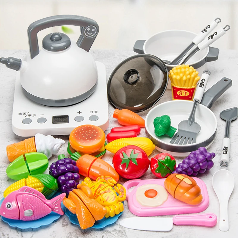Kids Plastic Kitchen Toy Shopping Cart Set Cut Fruit and Vegetable Food Play House Simulation Toys Early Education Girl Gifts