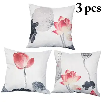 

3PCS Pillow Cover Retro Lotus Flower Floral Linen Pillow Case Cushion Cover for Home Decorative Sofa Throw Pillows