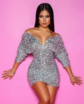 

High Quality Bodycon Off The Shoulder Sequined Dress Elegant Club Party Dress