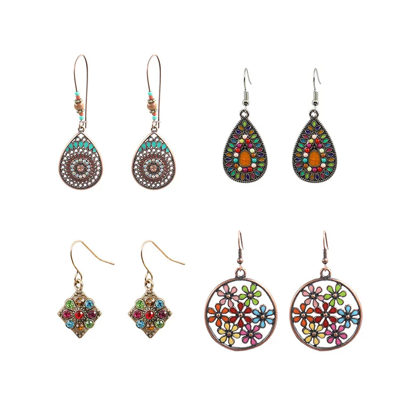 Exknl Fashion Vintage Drop Earrings For Women Alloy Crystal Ethnic Beads Boho Flower Earrings Colorful Dangle Earrings Jewelry