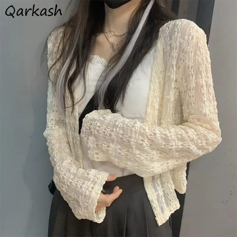 

Shirts Women Hook Flower Hollow Cropped Sheer Top Spring Korean Style Ladies Holiday Fashion Hot Sale Tender Soft Popular Ins