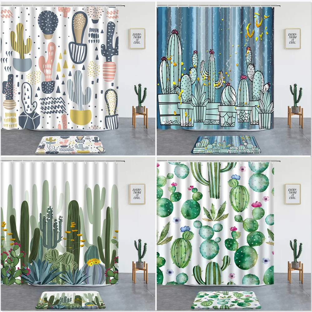 

Набор занавесок для душа с тропическим КАКТУСОМ, коврики для ванной, декоративный нескользящий моющийся ковер с крючками для украшения цветов и растений