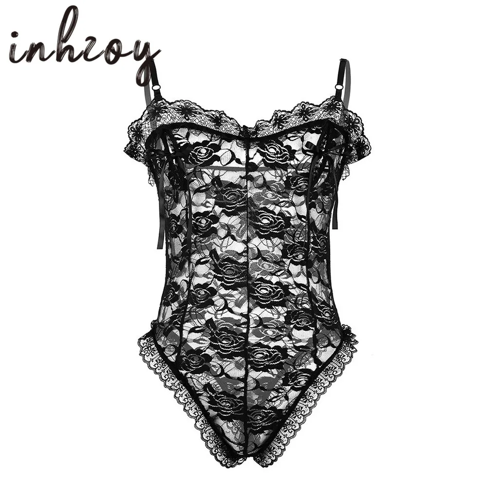 Мужское нижнее белье Sissy с цветочным кружевом прозрачный боди для кроссдресса