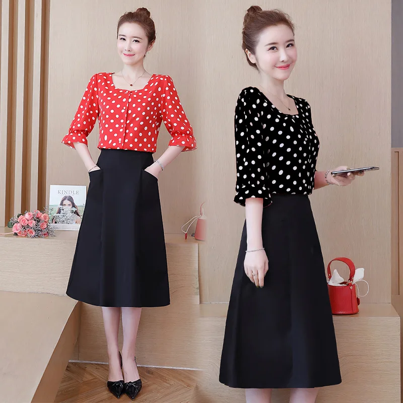 

Photo Shoot Large Size Dress Fat Woman Belly Covering Slimming Set Western Style 2019 Summer Wear New Style Fat Mm Polka Dot Two