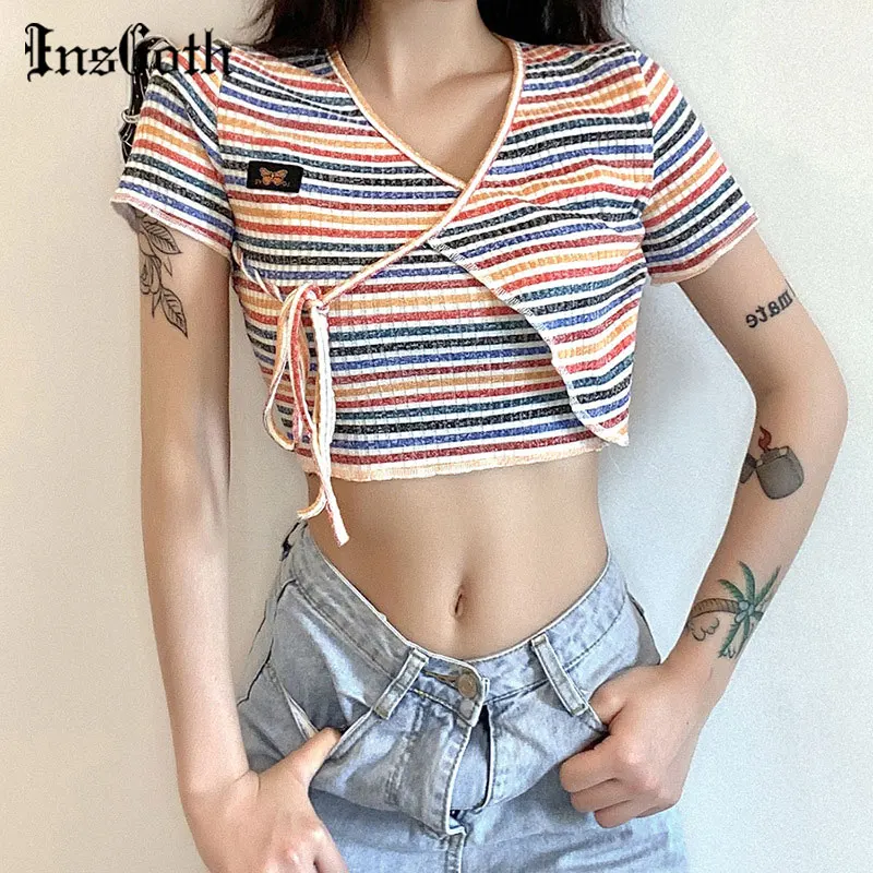InsGoth Streetwear Sexy V Neck Crop Top Gothic Punk Bandage Patchwork Short Sleeve Tops Autumn Women Chic Bodycon Basic Tops photo
