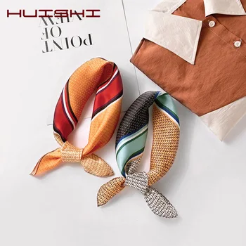 

HUISHI Designer Scarf Silk Square Plaid Scarves Hair Tie Band Women Elegant Small Vintage Silk Scarf Orange Blue Retro Head Neck