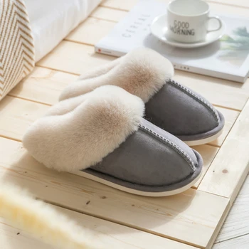 Home Women Full Fur Slippers Winter Warm Plush Bedroom Non-Slip Couples Shoes Indoor Ladies Furry Slippers 2
