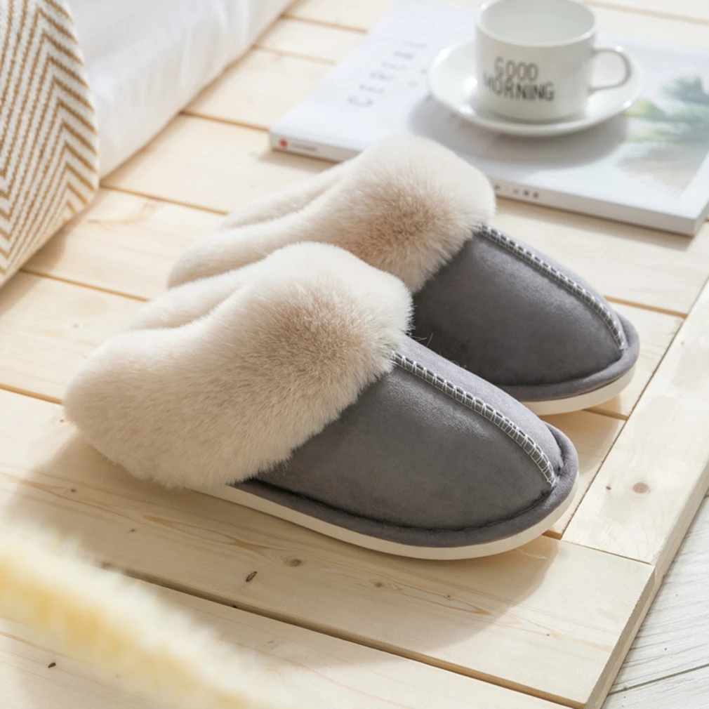 high heel house slippers Luxury Faux Suede Home Women Full Fur Slippers Winter Warm Plush Bedroom Non-Slip Couples Shoes Indoor Ladies Furry Slippers house slippers black House Slippers