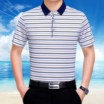 

summer new style mulberry silk t-shirt men's short sleeve Lapel loose men's stripe T-shirt casual men's high-level top trend