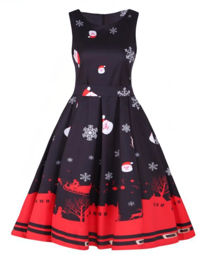 Sleeveless Christmas Dress Women Round Neck New Year Party Dress Vintage Midi Ladies Dresses Plus Size Vestido Invierno Mujer