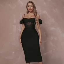 

Sesidy Women Off Shoulder Short Sleeve Bandage Dress Sexy Black Lace Elegant Bodycon Evening Club Celebrity Party Midi Dress