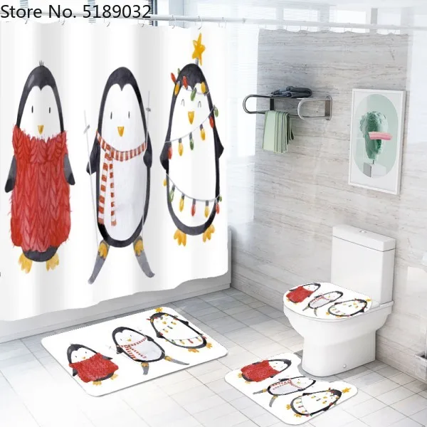 Crazy Christmas Penguin Shower Curtain Toilet Cover Rug Bath Mat Contour Rug 