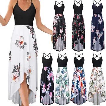 

Summer Women Backless Long Dress Sexy Floral Printed Sleeveless V Neck Maxi Dress Irregular Halter Off Shoulder Beach Sundress