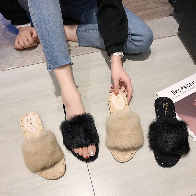 

Shoes Woman 2019 Luxury Slides Slippers Fur Platform Flock New Soft Designer Plush Flat Fabric Rubber Basic PU Cotton