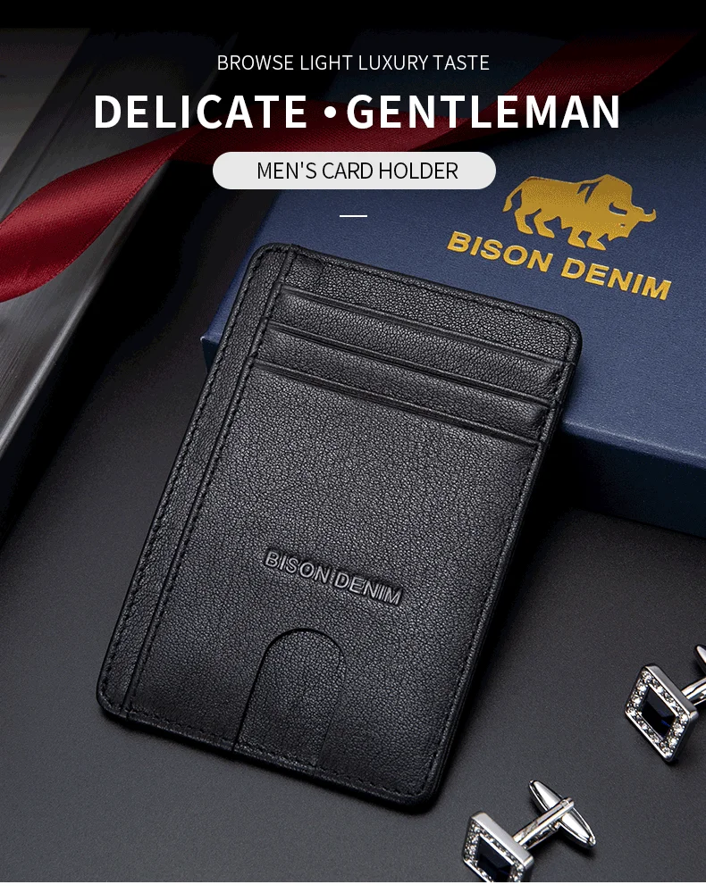 BISON DENIM Kuh Leder Mode Dünne Minimalist Männer Brieftasche Kreditkarte Halter RFID Blocking Leder Geldbörse 11.3*8.2*1cm W9670-1BS – Detail 1