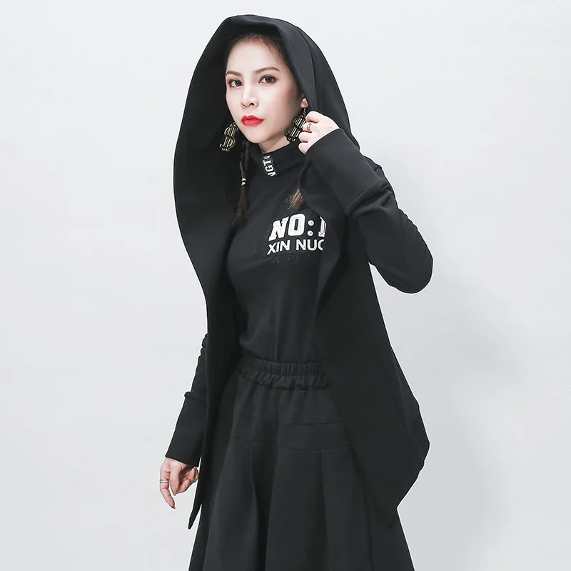 

2XL Cropped Hoodies Sweatshirt for Girls Gothic Black 2020 Spring Autumn Women Coats Streetwear Slim Irrugular Top with Big Hood
