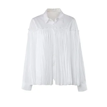 

Women's Wear Boutique Double Layer Pleated Splicing Lapel Long Sleeve Shirt Female