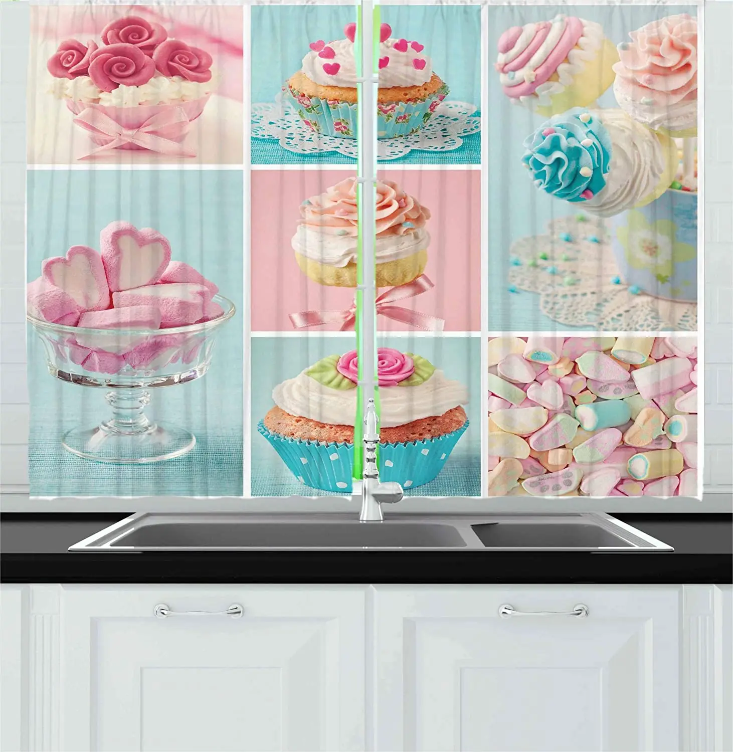 

Coffee Kitchen Curtains Collage of Cupcakes and Marshmallows in Pastel Colors Photos Window Drapes for Kitchen Cafe Decor 55" X