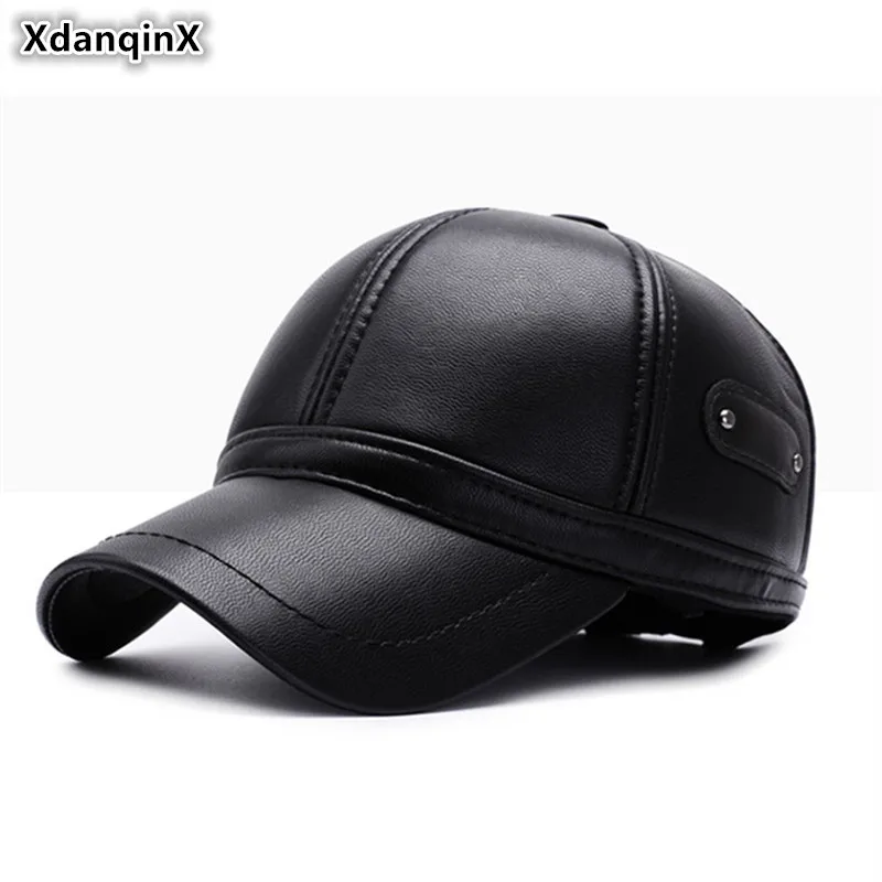 

XdanqinX Winter Men's Warm Baseball Cap Plus Velvet Earmuffs Tongue Caps Adjustable Size Fashion Male Winter PU Hat Snapback Cap