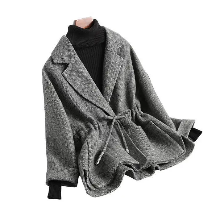 Осень зима новое шерстяное пальто на шнуровке с отложным воротником женское твидовое короткое клетчатое пальто куртка утолщенная Свободная верхняя одежда