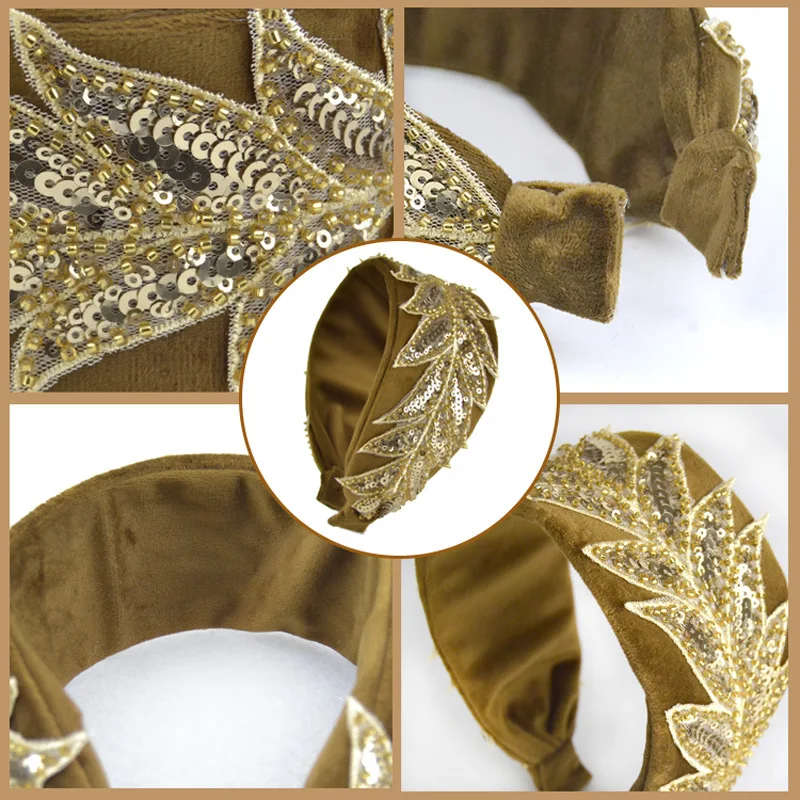 DUOJIAOYAN модный бисерный Блестящий широкий ободок для волос с листочками Блестящий головной убор золотого цвета зимняя замшевая бархатная повязка на голову для женщин