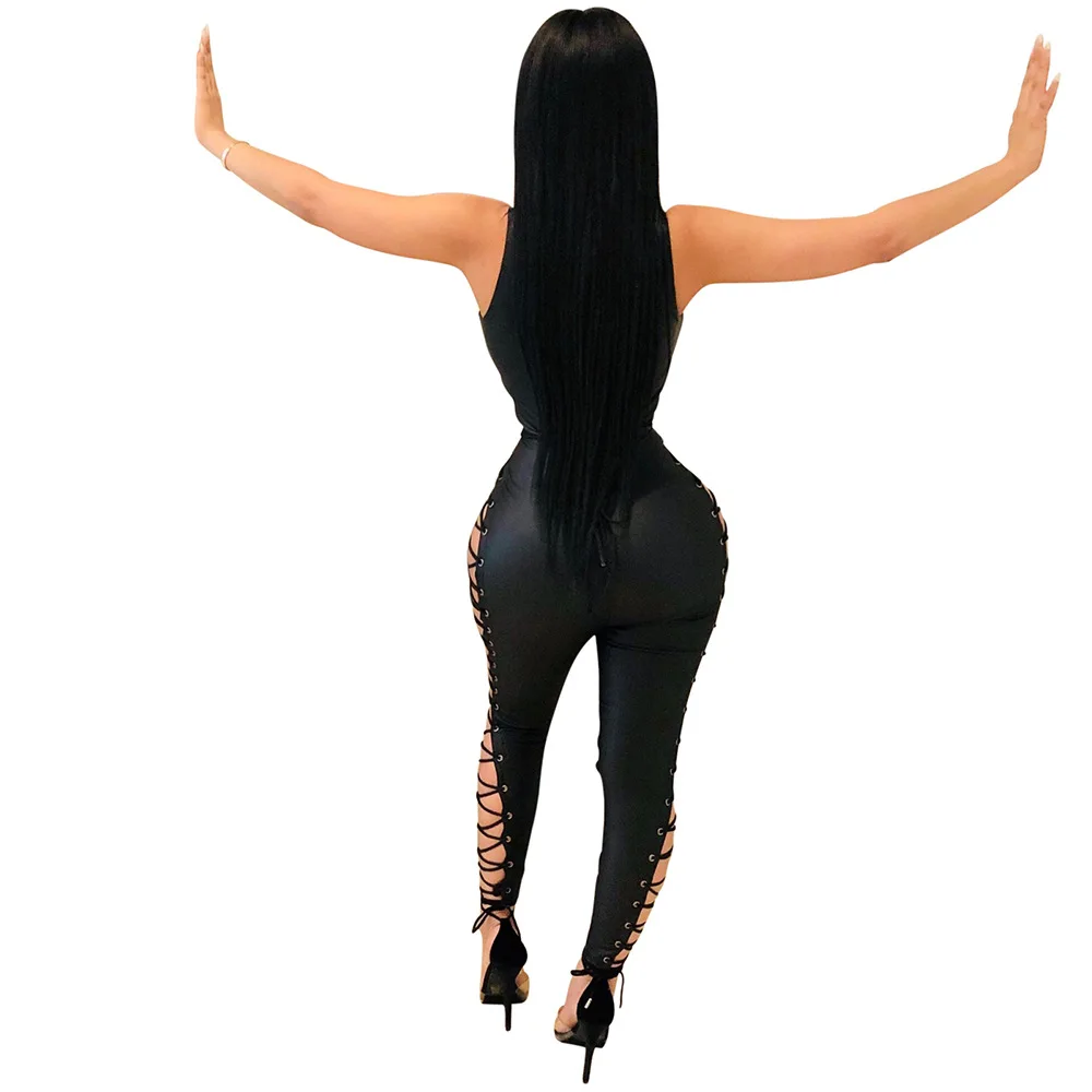 Adogirl Sexy Gromment Lace Up PU Jumpsuit Women Vintage Sleeveless Leather Pencil Pants Bodycon Jumpsuit Body Club Outfit Romper