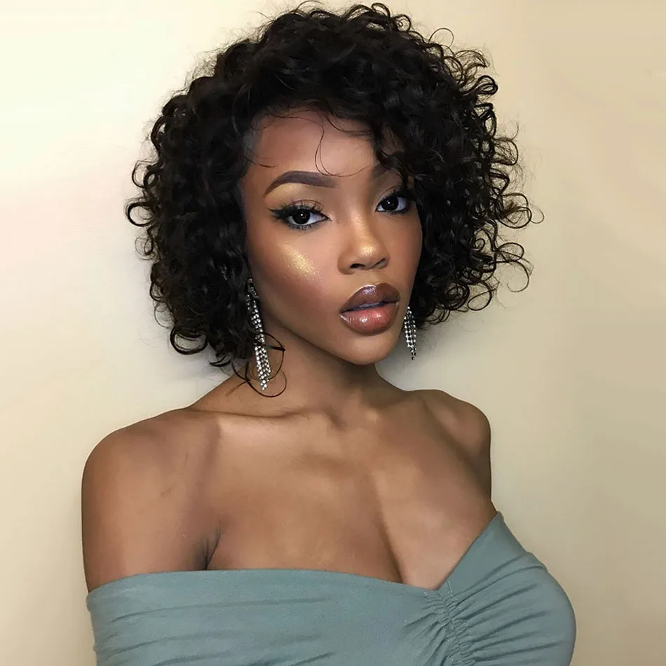 Короткие вьющиеся человеческие волосы Pixie Cut парики без шнурков полностью