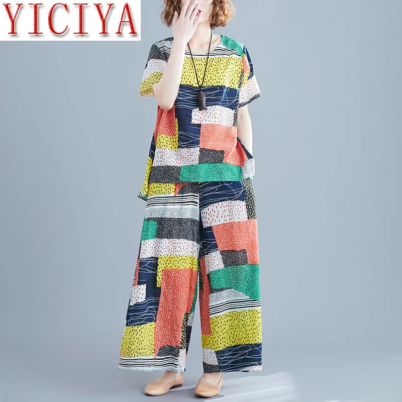

Plus Size Women Sets 2020 Summer Big Size Loose Female Set Suits Cotton Linen Lady Tops Shirt Wide Leg Pants Vintage Print