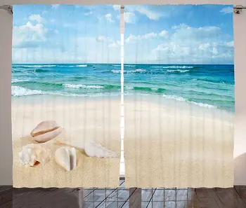 

Ocean Window Curtains Beach Sand Waves Sealife Marine Design with Shells Hot Summer Sun Holiday Print Living Room Decor Bedroom