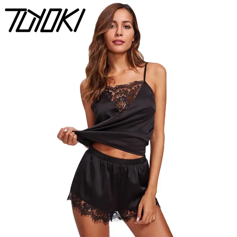 Tuyoki New Home Fashion Comfortable Lace Pajamas Set Sexy Lingerie Underwear Solid Color Breathable Satin Silk | Женская одежда